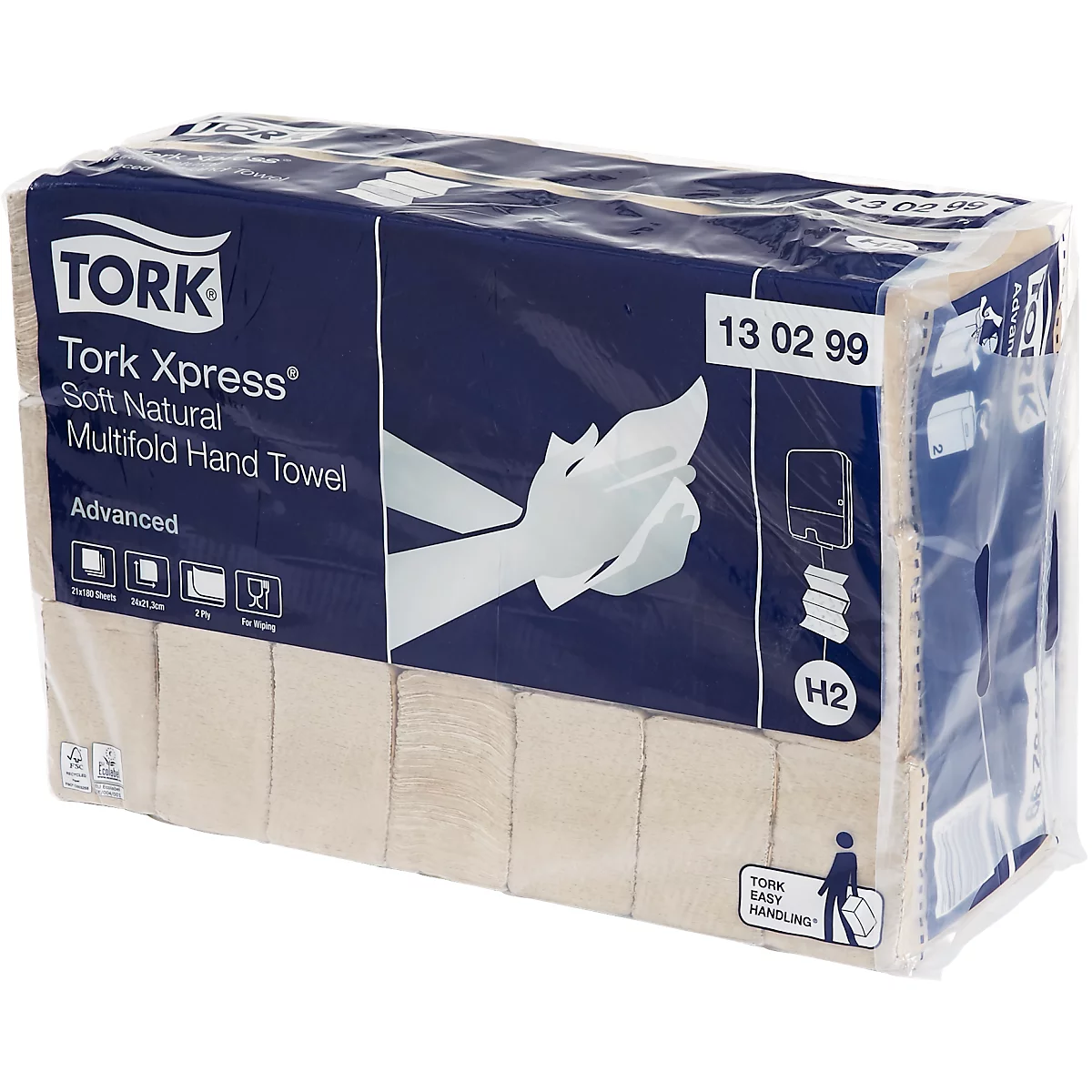 Tork® Essuie-mains pliés Tork Xpress® Soft Natural Multifold 130299, 2 plis, pliage en zigzag, compatible H2, 21 paquets de 180 feuilles, 100 % papier recyclé, couleur naturelle