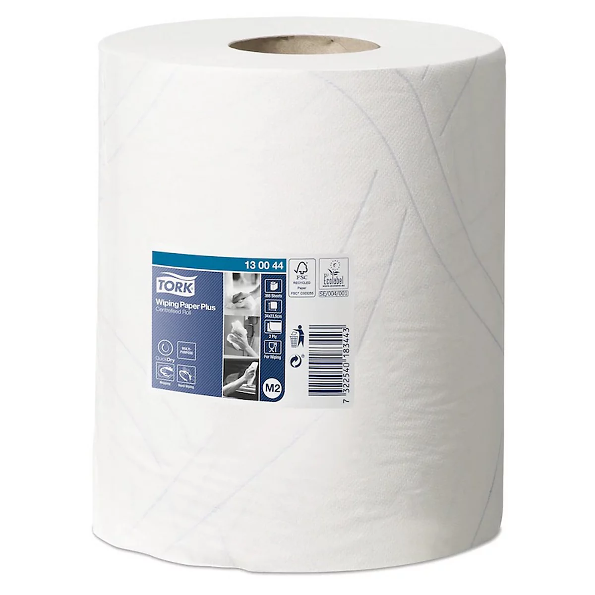 Tork® Essuie-tout multi-usages 130044, 2 plis, qualité QuickDry, dévidage intérieur M2, L 125 m x l 235 mm, Ø 190 mm, 6 rouleaux de 125 m, blanc