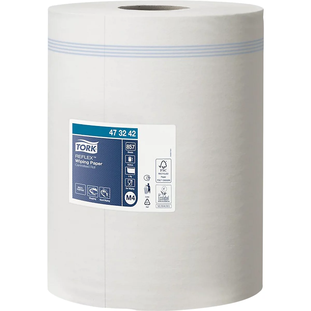 Rouleau de papier blanc de Tork, rayé bleu, avec étiquette de produit.