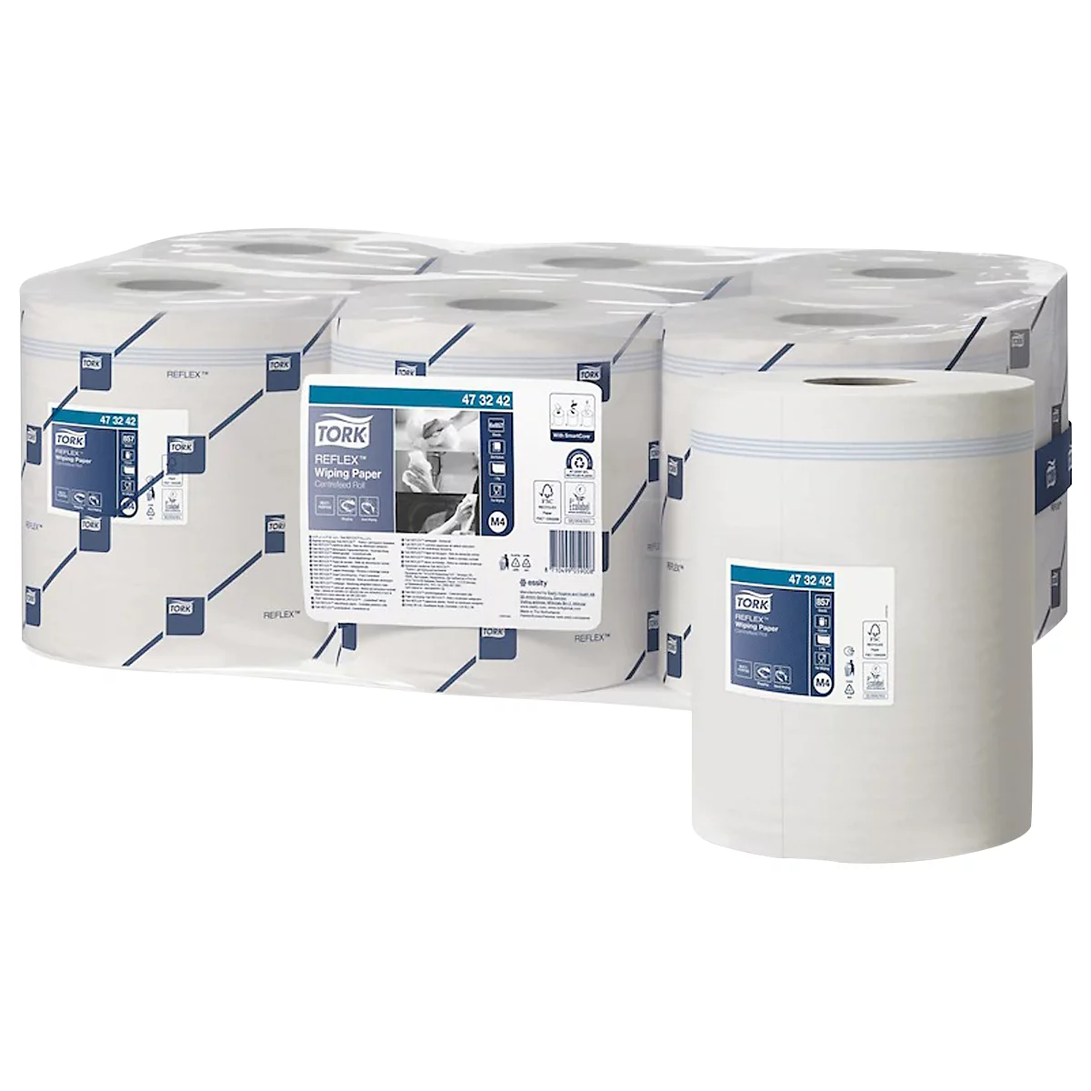Paquet de papier d'essuyage Tork blanc, impression et détails bleus. Une étiquette avec plus de détails est visible sur un seul paquet.