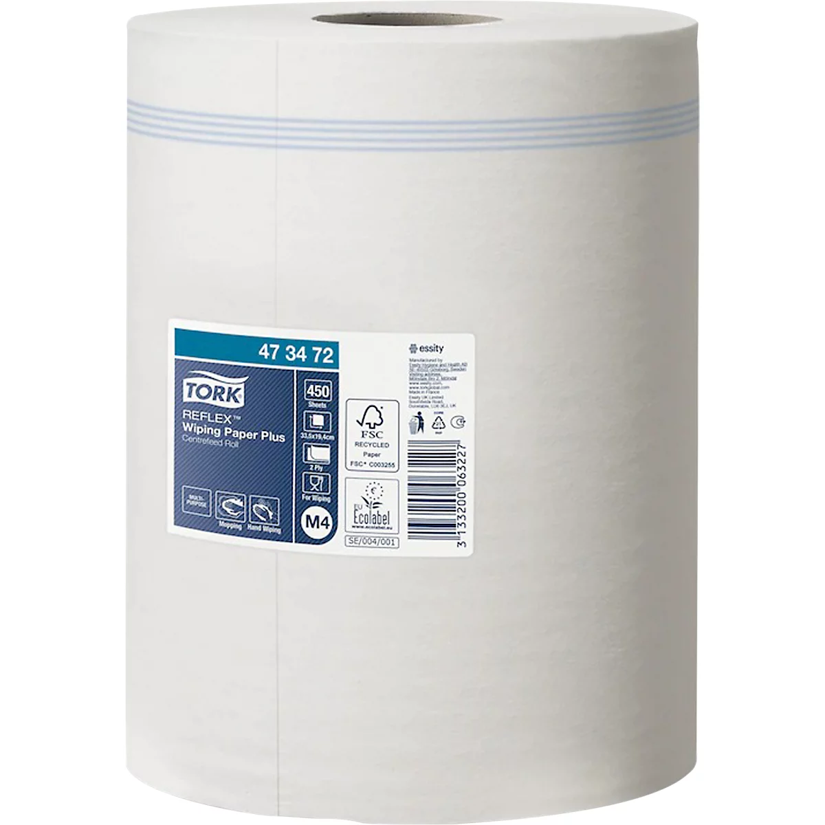 Rouleau d'essuie-tout blanc avec autocollants. Rayures bleues autour du rouleau, texte avec informations sur le produit.
