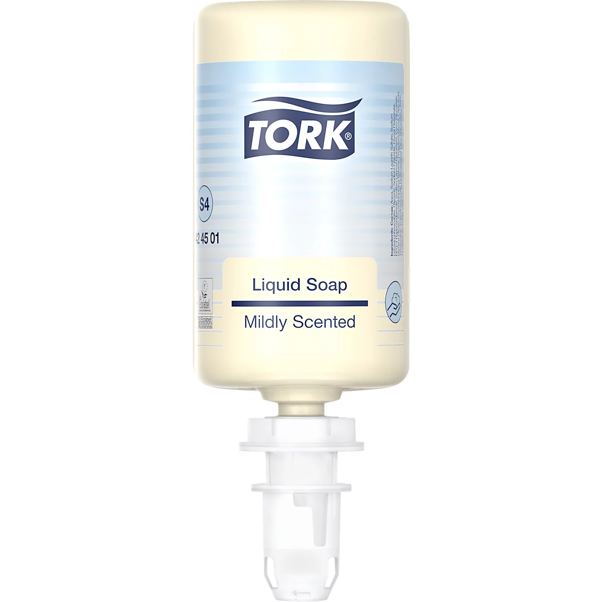 Seifenspender von Tork. Weiß-beigefarbene Flasche mit Aufschrift 'Liquid Soap' und 'Mildly Scented'.