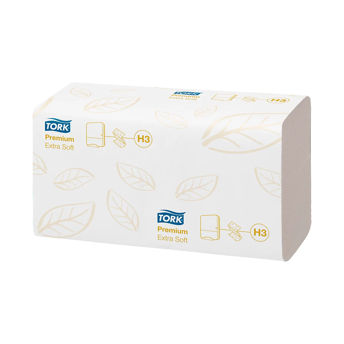 A package of Tork Premium Extra Soft H3 paper towels, white with brown leaves. Text: Tork Premium Extra Soft.