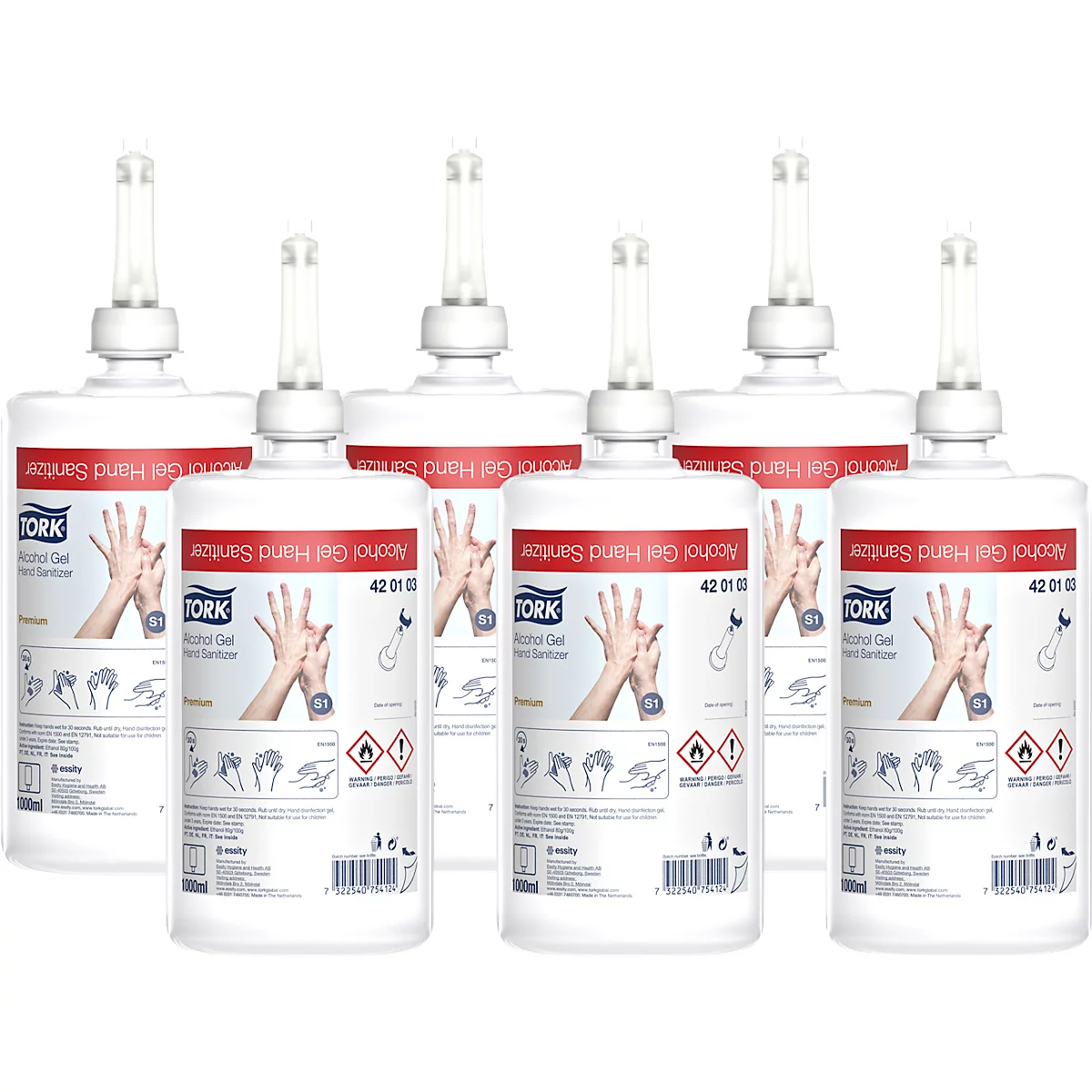 Tork® Gel désinfectant pour les mains Premium 420103, bactéricide/fongicide/virocide limité, listé VAH, pour distributeur de désinfectant Tork®, 6 flacons de 1 l