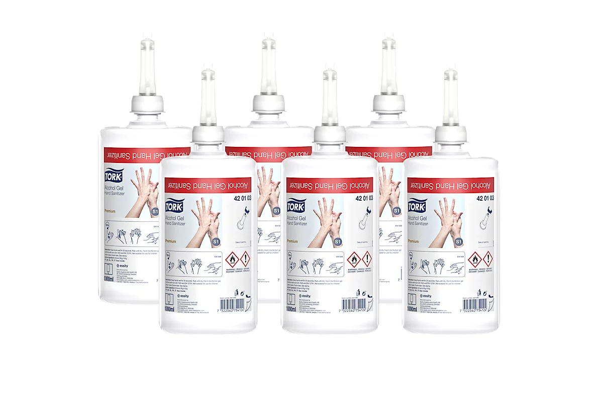 Tork® Gel desinfectante para manos Premium 420103, bactericida/fungicida/virucida limitada, con lista VAH, para el dispensador de desinfectante Tork®, 6 botellas de 1 l