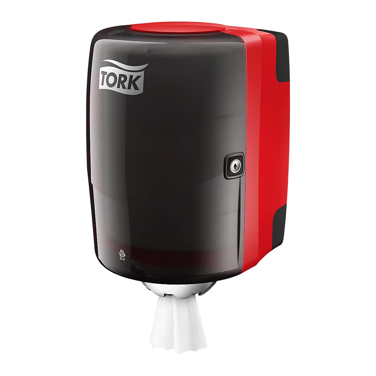 Black and red Tork dispenser, white paper towels are dispensed.