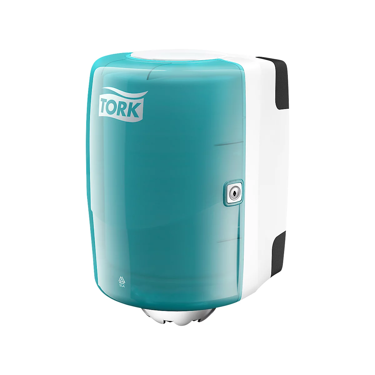 Teal and white Tork towel dispenser with Tork logo. A lock is affixed to the side.