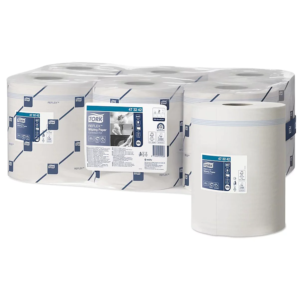 Tork® Mehrzweck-Papierwischtücher Reflex 473242, 1-lagig, Innenabrollung M4, L 300 m x B 198 mm, Ø 195 mm, 6 Rollen á 857 Blatt (5142 Tücher), weiß