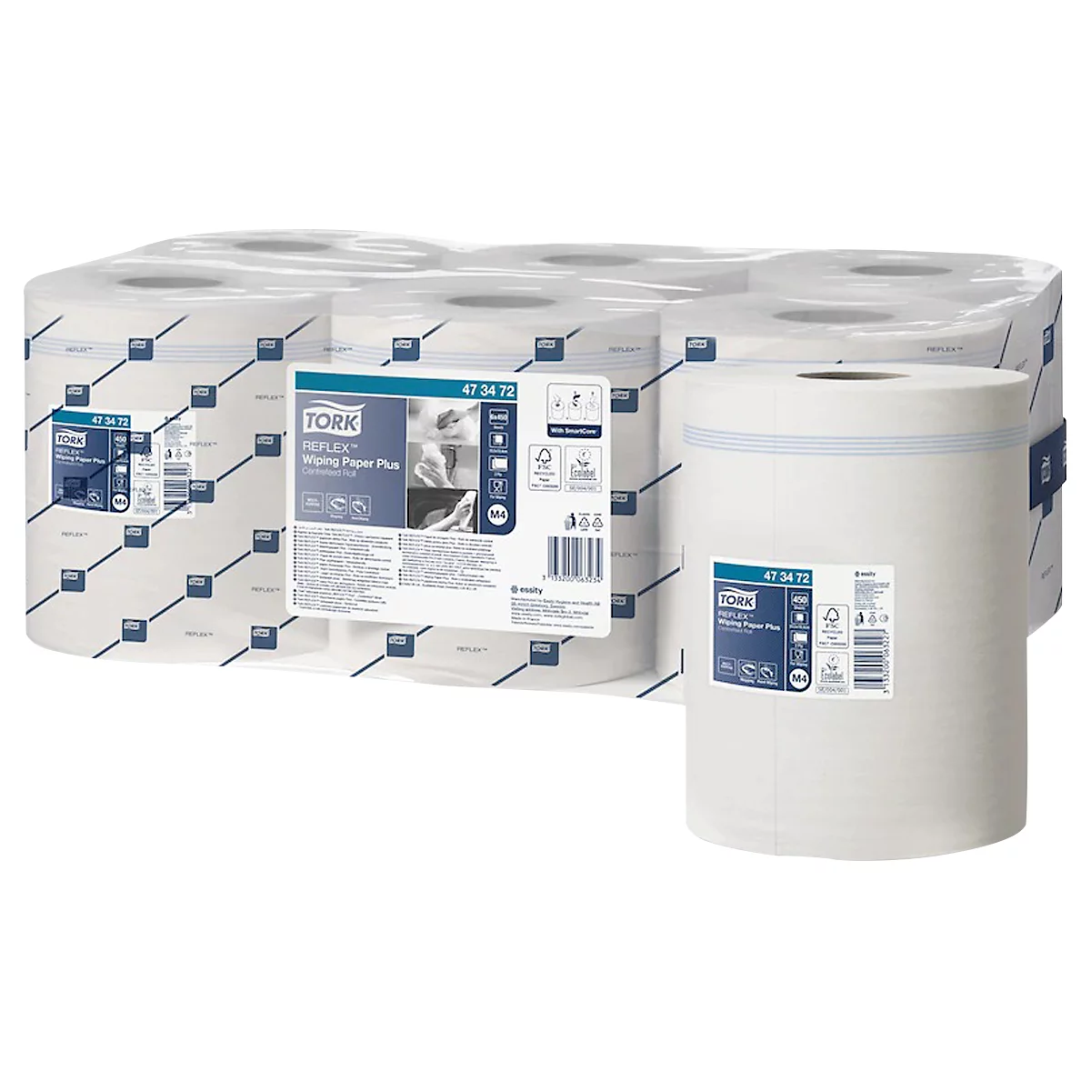 Packung Papierrollen, weiss, mit Etiketten, transparent verpackt. Darauf Schriftzug "TORK".