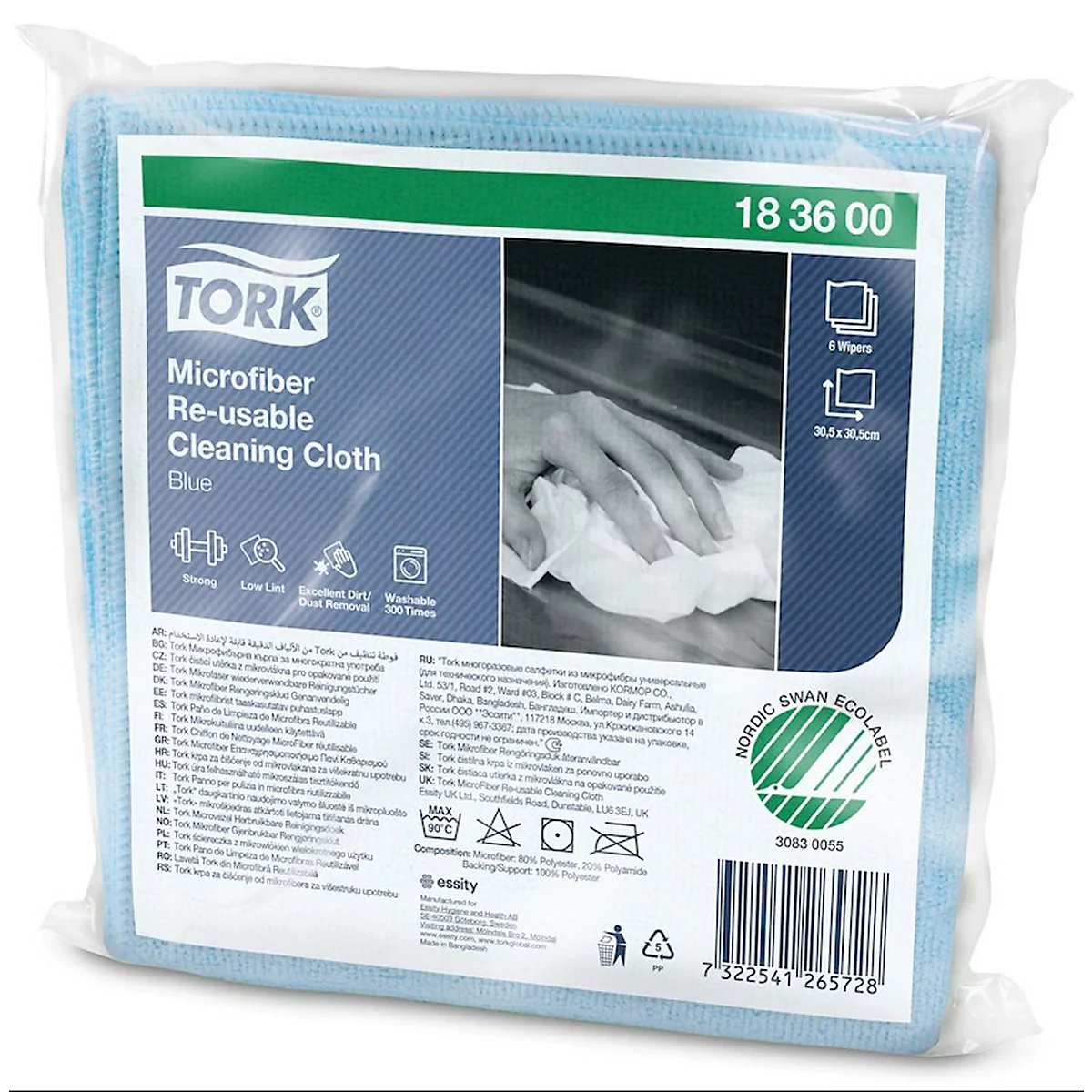 Blue microfiber cleaning cloth in plastic packaging. Printed Tork logo, product description and the image of a hand wiping.