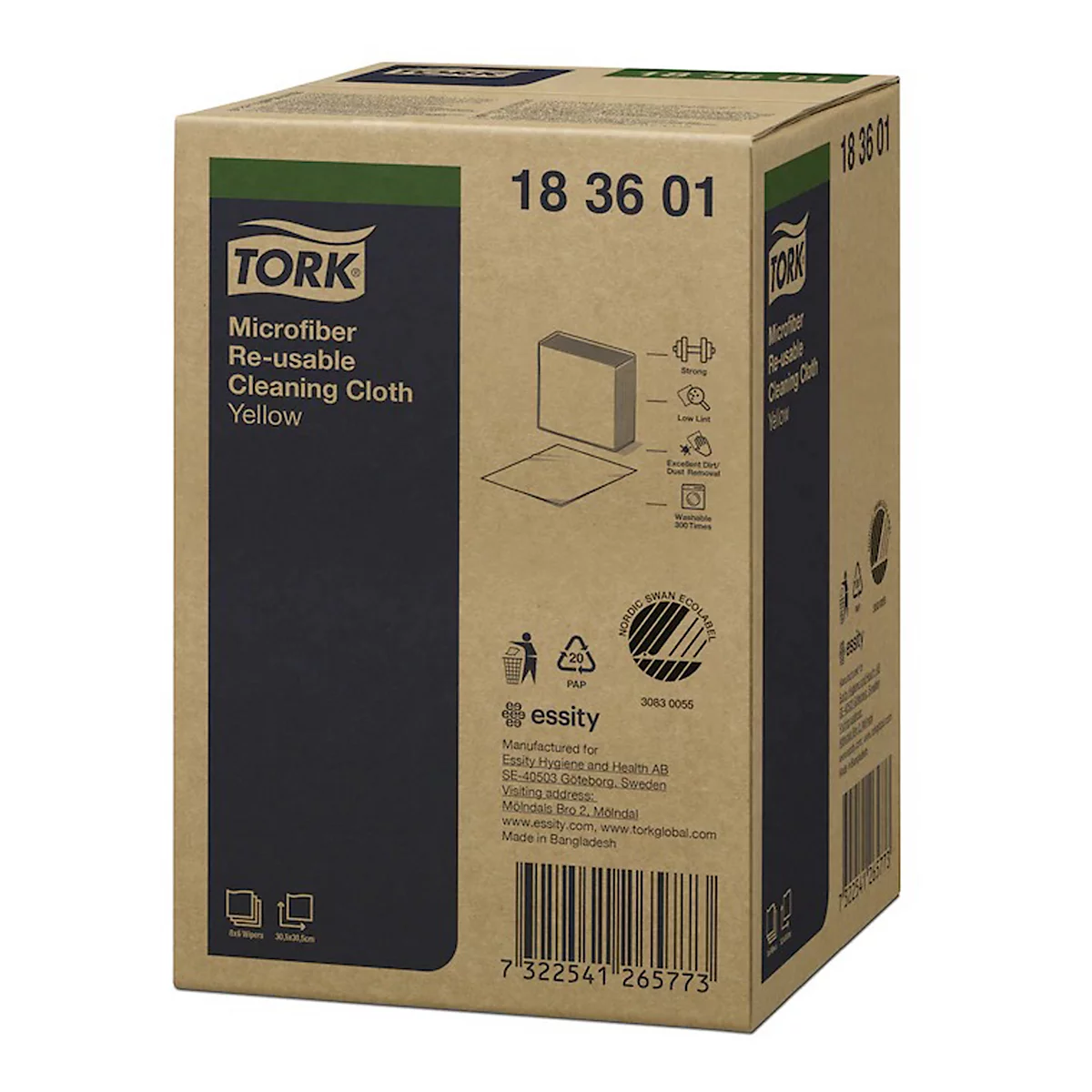 A cardboard box of yellow microfiber cloths. Prints show logo, product name and features.