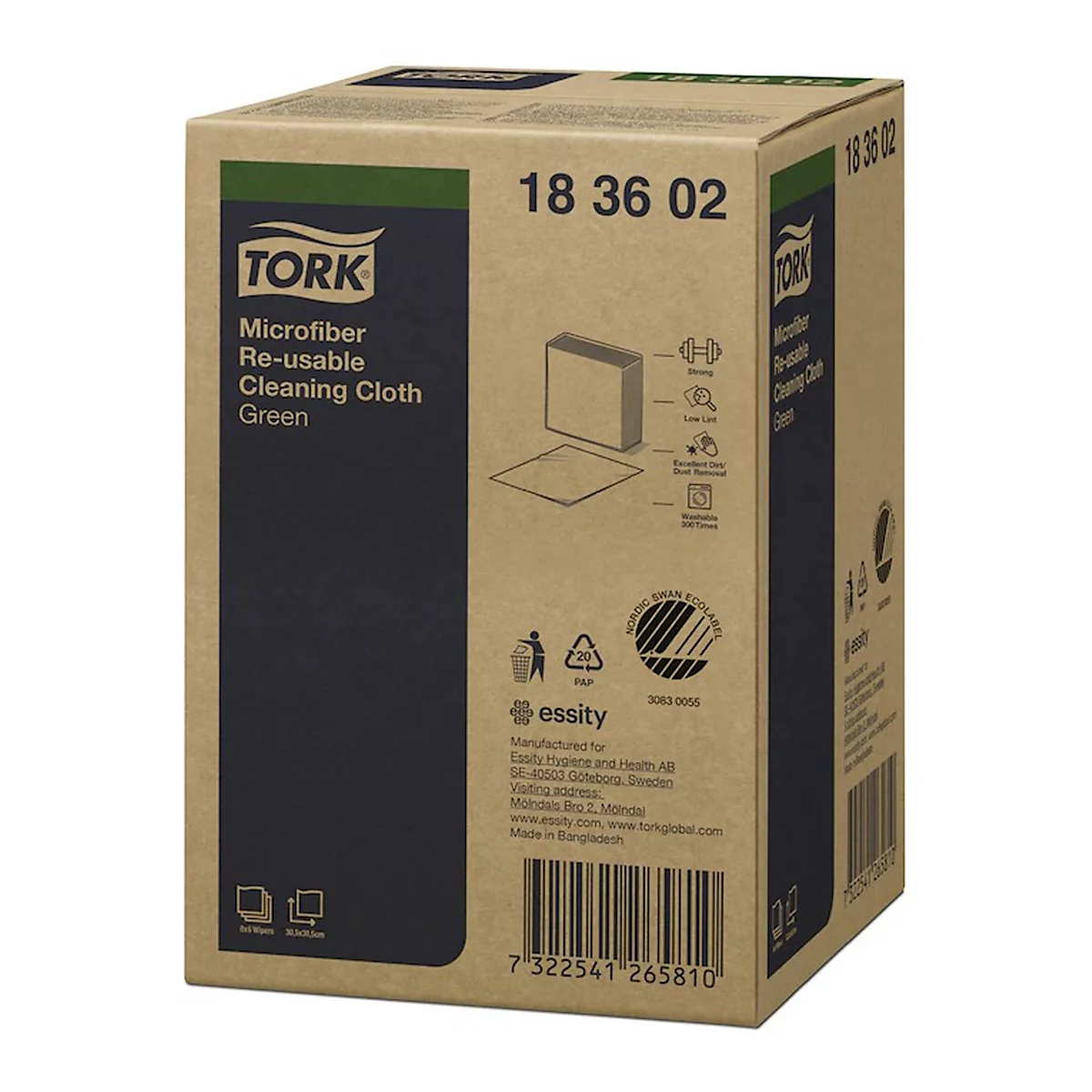 Cardboard box of cleaning cloths from TORK. Printed: Microfiber, reusable, green. Product number, manufacturer's logo and barcode.