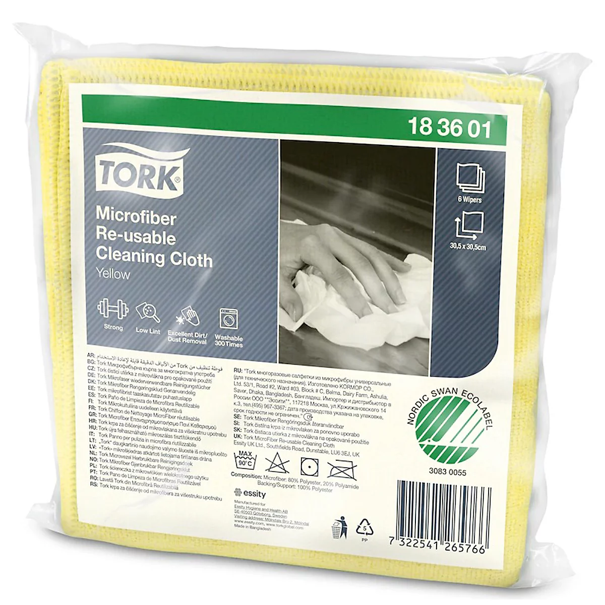 Tork® Microvezel schoonmaakdoekjes 183601, pluisarm, 6 doekjes, herbruikbaar, L 150 x B 150 mm, geel