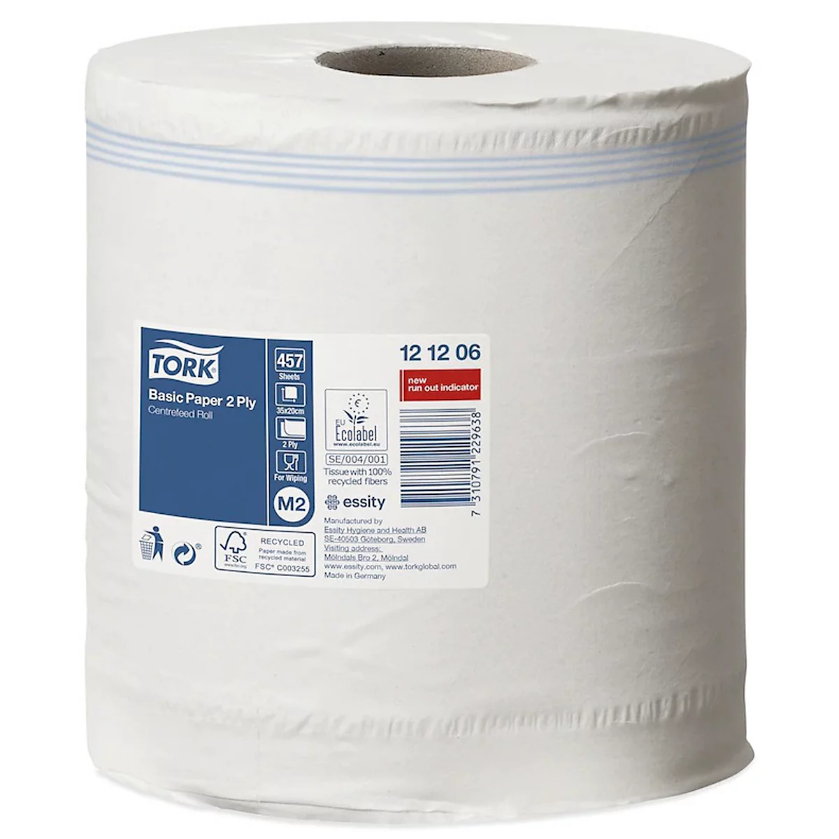 Tork® papieren doekjes 121206, 2-laags, binnenrol M2, L 160 m x B 200 mm, ⌀ 187 mm, 6 rollen á 160 m, wit