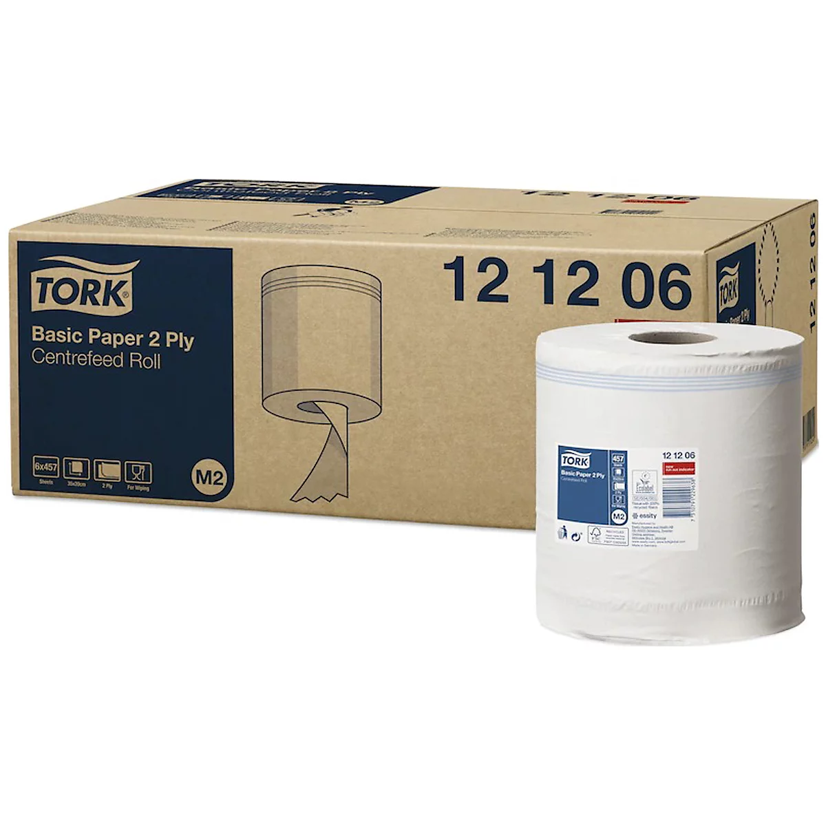 Tork® papieren doekjes 121206, 2-laags, binnenrol M2, L 160 m x B 200 mm, ⌀ 187 mm, 6 rollen á 160 m, wit