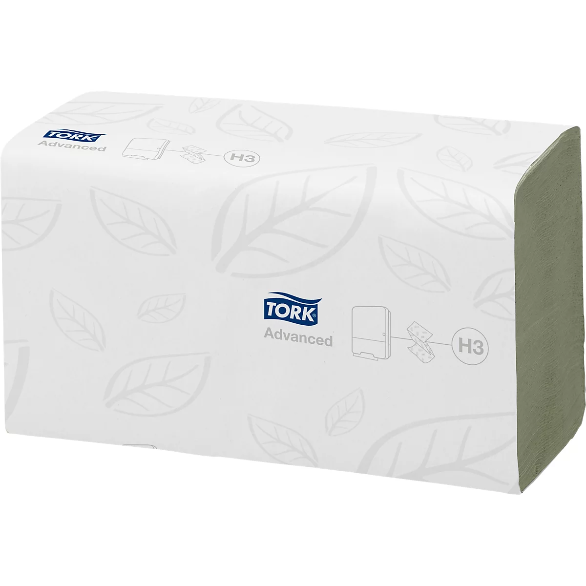 Weiße Tork-Advanced-Handtuchpapierpackung mit Blattmuster, grauem Rand und Logo.