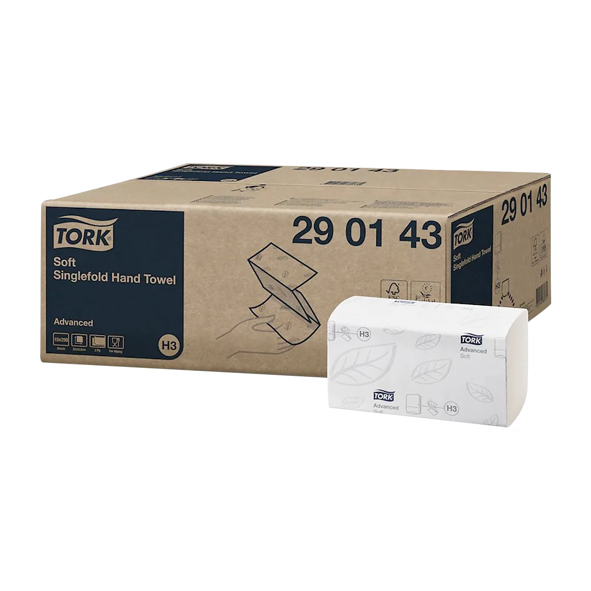 Tork® Papierhandtücher Advanced® H3 290143, 2-lagig, geprägt, Zickzack-Faltung, 15 Pack á 250 Blatt (3750 Tücher), FSC®-Papier, weiß