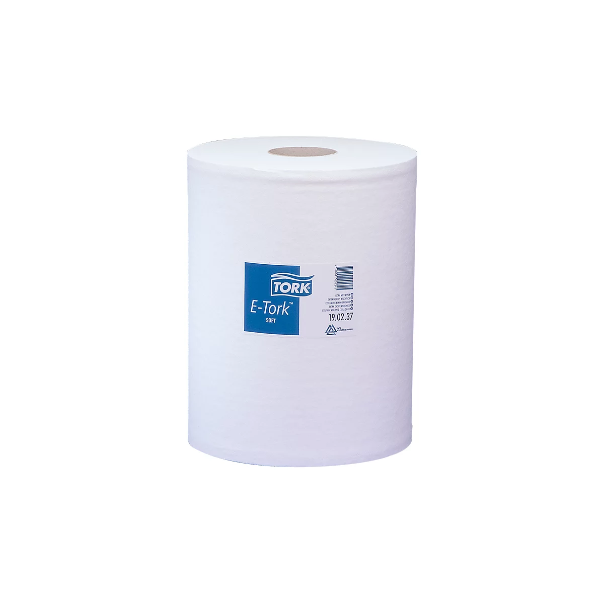 A white paper roll with a blue label. The label says "TORK E-Tork SOFT".