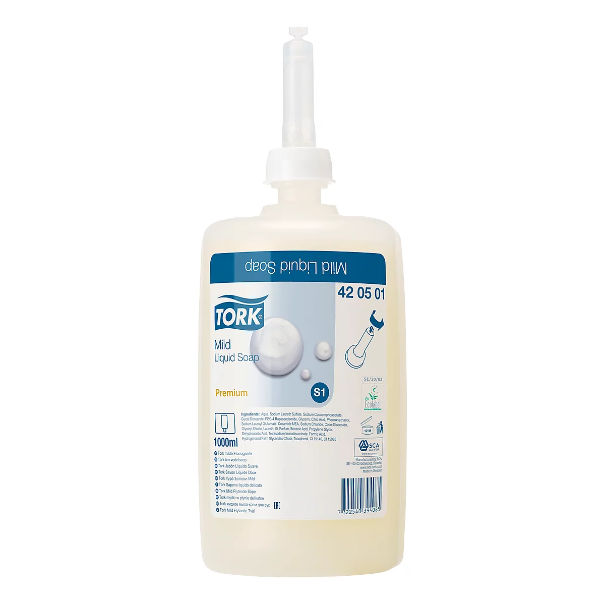 A cream-colored liquid soap bottle from the Tork brand. Inscription: Mild Liquid Soap, Premium, 1000ml.