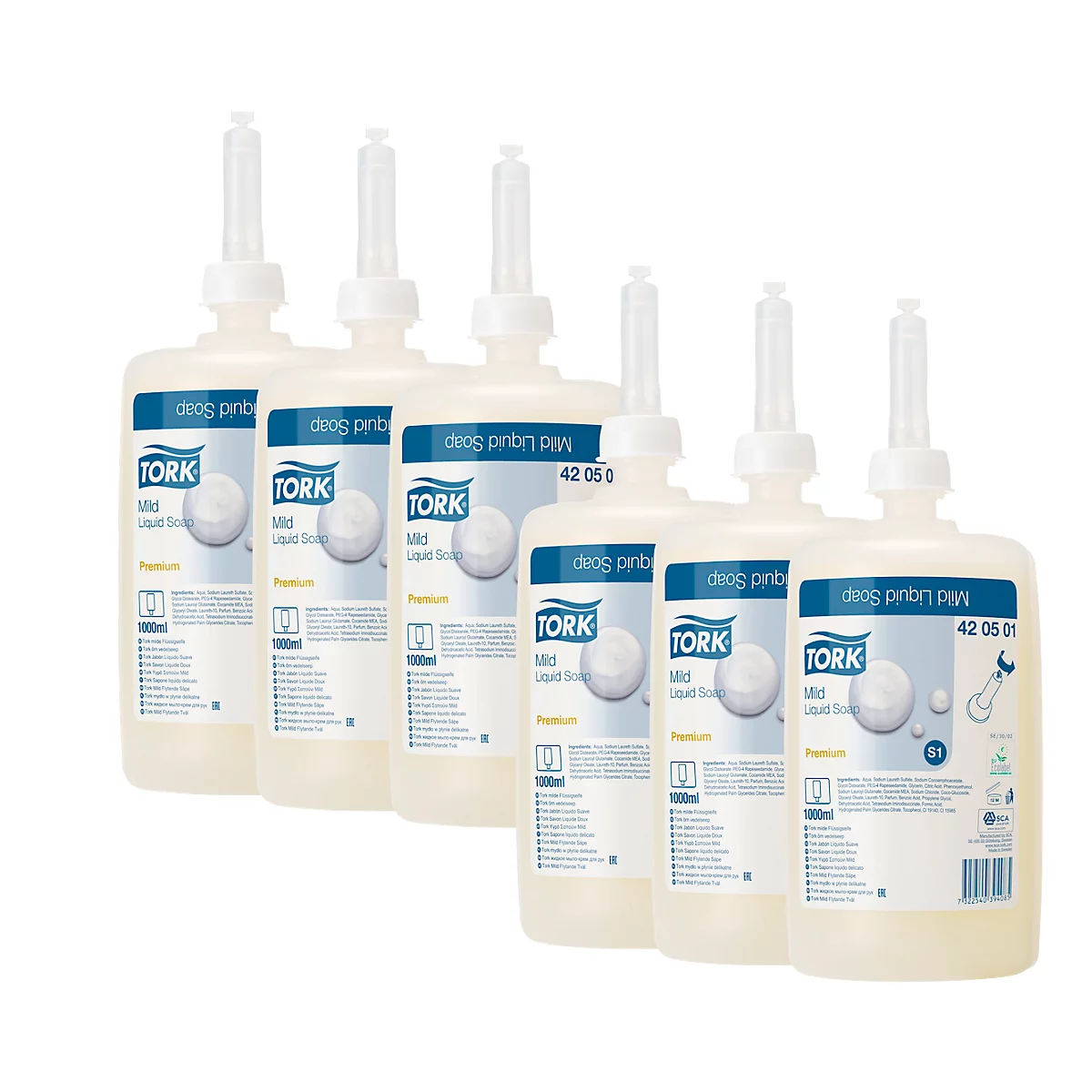 Six Tork liquid soap bottles, lined up side by side. Inscription: 'Mild Liquid Soap'.