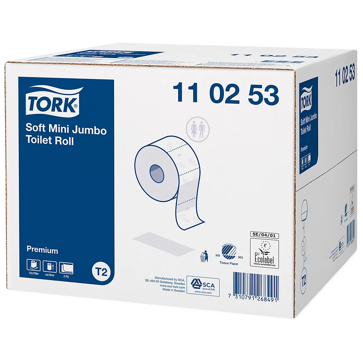 Tork® Premium Toilet Paper Mini Jumbo Roll 110253, 2 capas, extra suave, alta calidad, 12 rollos á 170 m, blanco