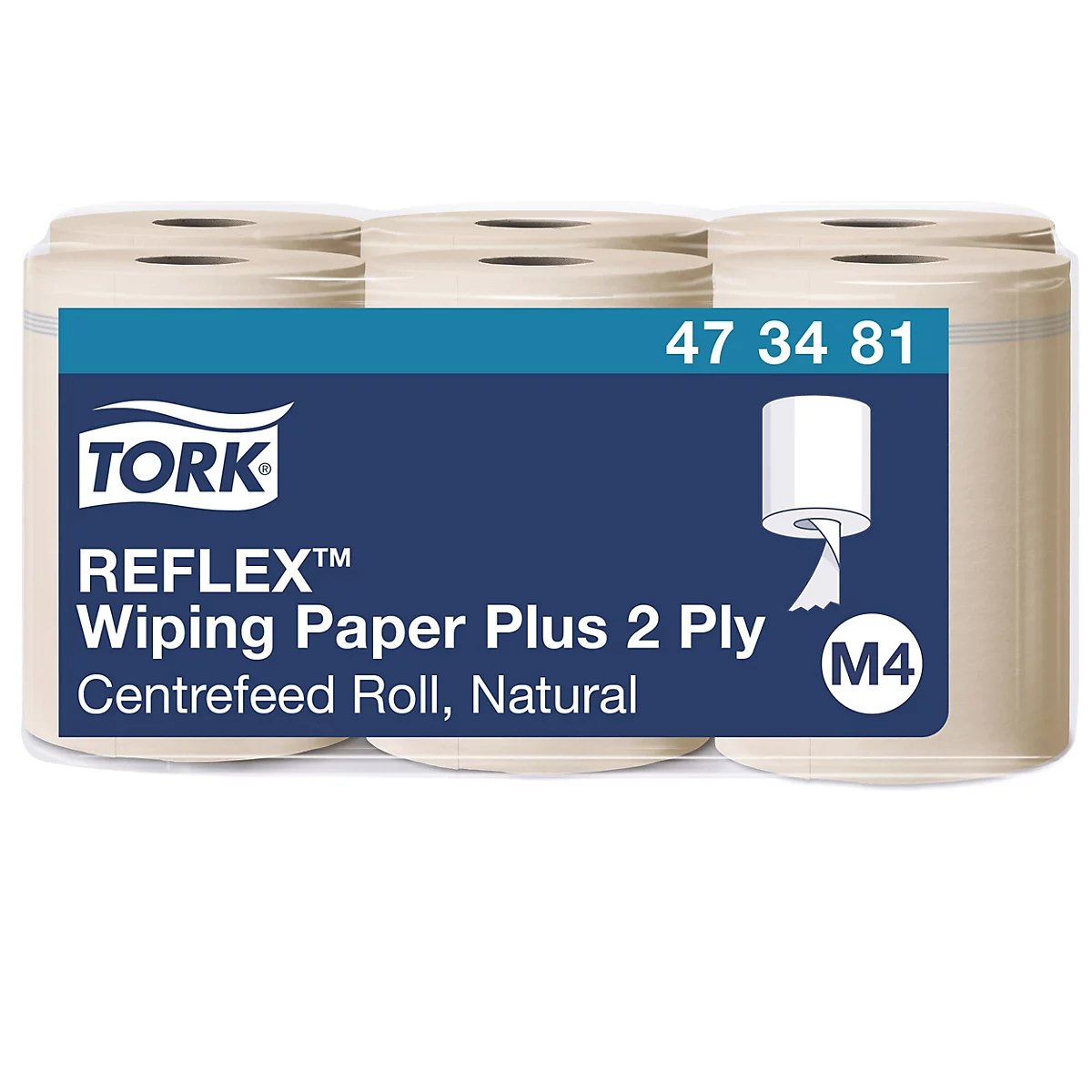 Verpakking van Tork Reflex poetsdoekjes. Op het blauwe label staat "REFLEX Wiping Paper Plus 2 Ply".