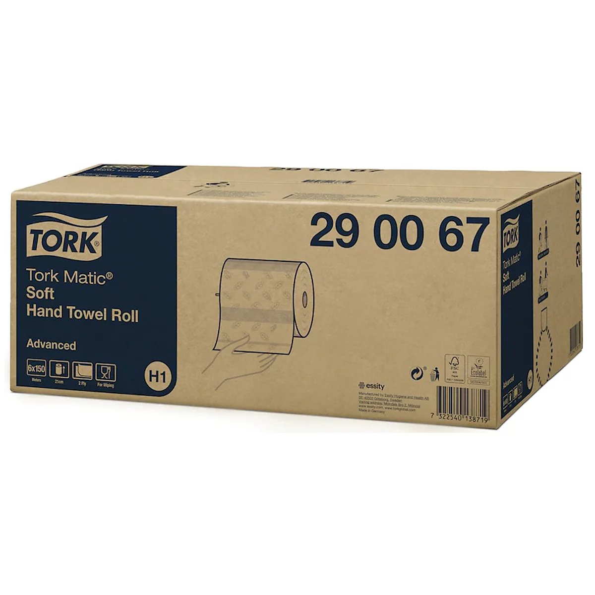 Tork® Rollenhandtuch Advanced 290067, 2-lagig, Rollenhandtuch System H1, L 150 m x B 210 mm, 6 Rollen á 150 m, Papier, weiß