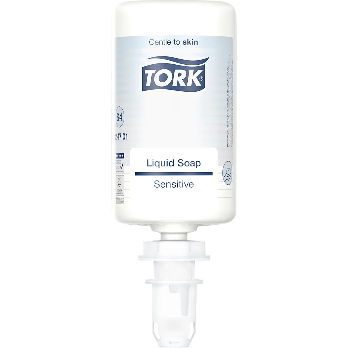 Bouteille de distributeur de savon blanche avec le logo 'TORK' et les mots 'Sensitive Liquid Soap'.