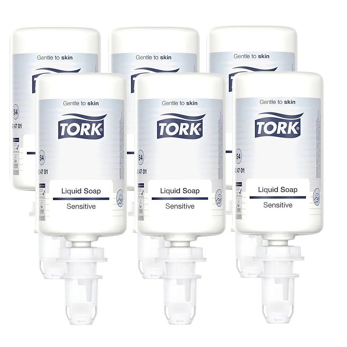 Divers modèles de distributeurs Tork en noir, blanc et argent avec numéros de produits.