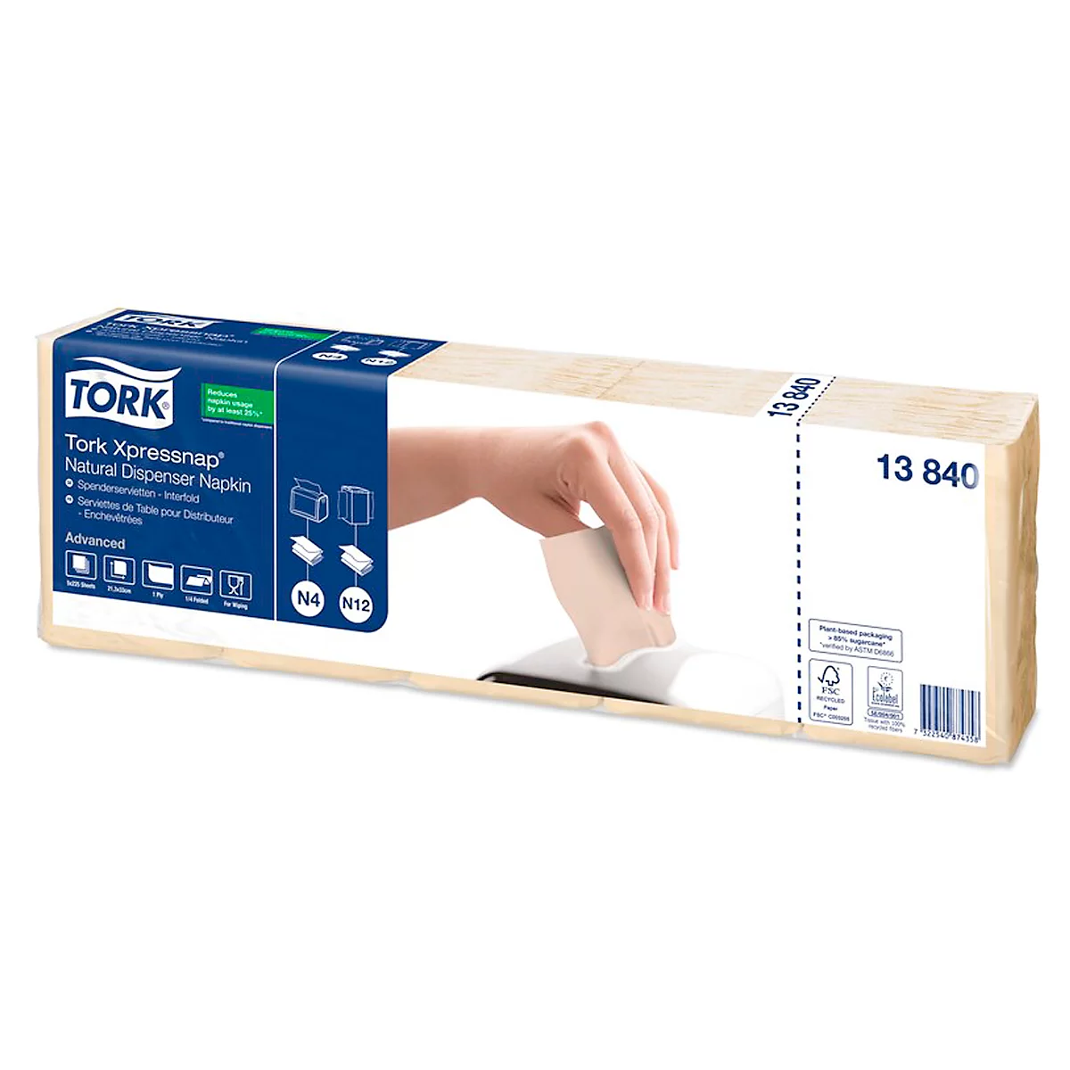 Tork® Servietten Xpressnap Fit® 13840, 2-lagig, für Serviettenspender, platzsparende Falzung, 8 Pack á 1125 Stk. (9000 Servietten), natur