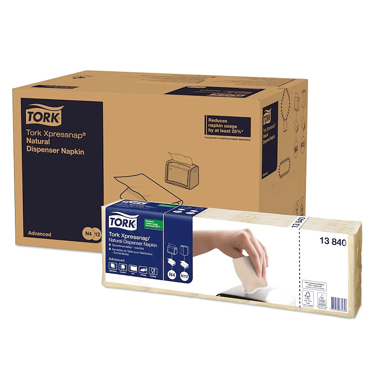 Tork® Serviettes Xpressnap Fit® 13840, 2 plis, pour distributeur de serviettes, pliage peu encombrant, 8 paquets de 1125 serviettes (9000 serviettes), naturel