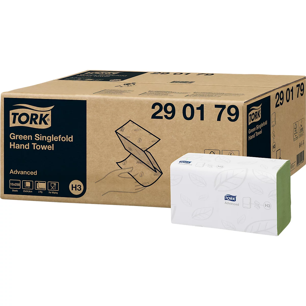 Tork® Toallas de papel Advanced 290179, plegado en zig-zag, 2 capas, dispensador de toallas individuales, paquete de 15 á 250 piezas (3750 hojas), verde