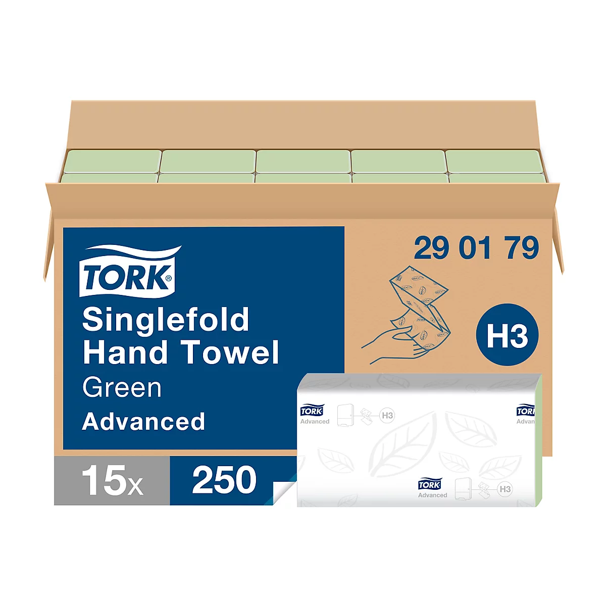 Tork® Toallas de papel Advanced 290179, plegado en zig-zag, 2 capas, dispensador de toallas individuales, paquete de 15 á 250 piezas (3750 hojas), verde