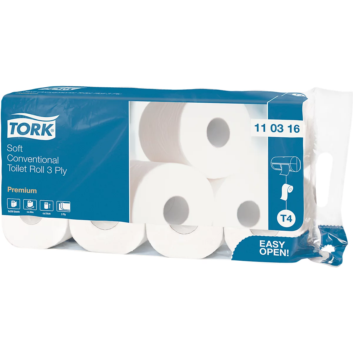 Package of Tork toilet paper. Blue wrapping with white rolls. Text: Soft, Conventional, Toilet Roll 3 Ply, Premium, 11 03 16, Easy Open!