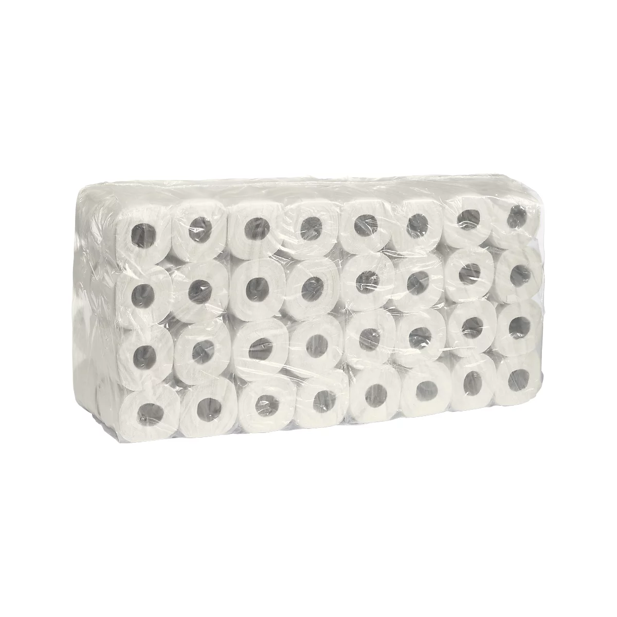 A package of toilet paper rolls, wrapped in plastic.