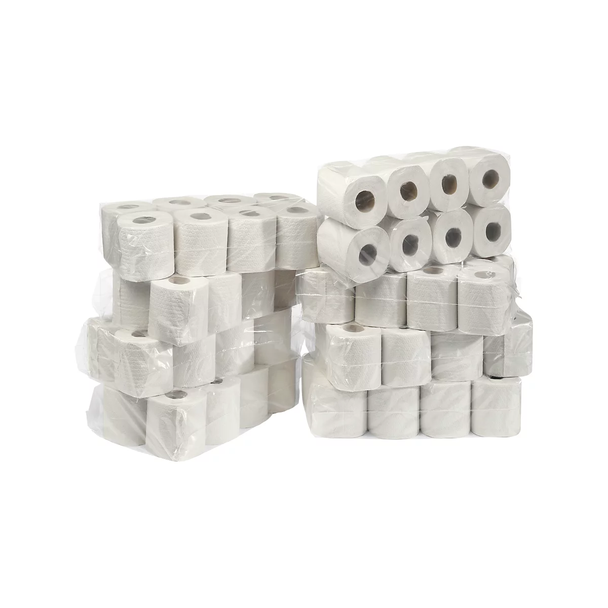 Two stacks of toilet paper rolls wrapped in foil.