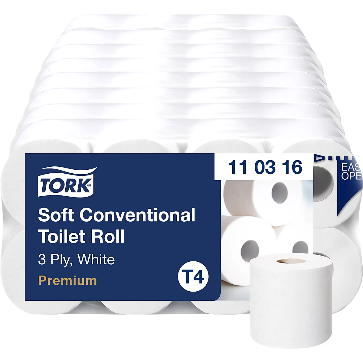 Ein Paket Toilettenpapier. Auf dem blauen Etikett steht: 'TORK, Soft Conventional Toilet Roll, 3 Ply, White, Premium'.