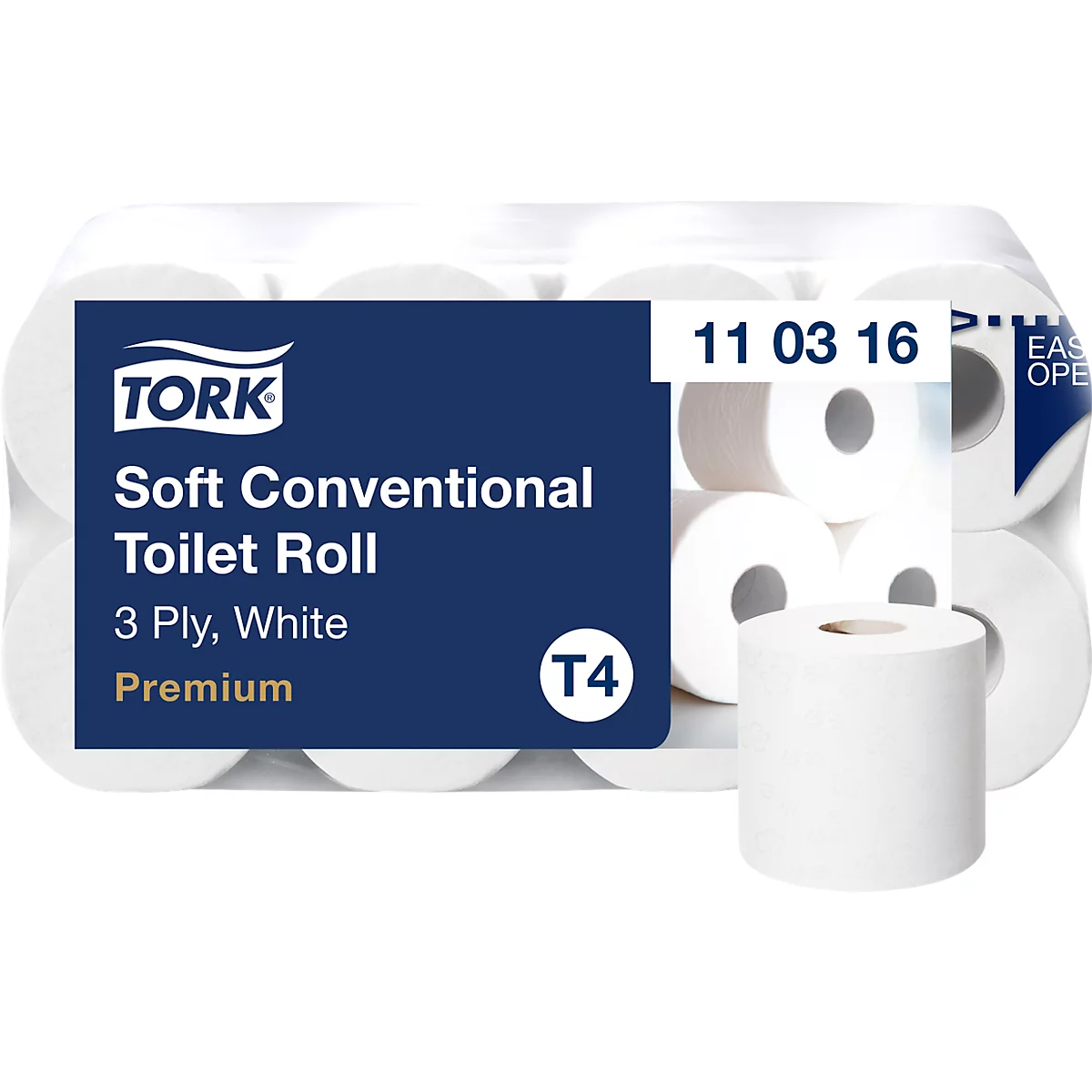 Weiße Toilettenpapierrollen mit blauem Label, Aufschrift TORK und Produktinformationen.