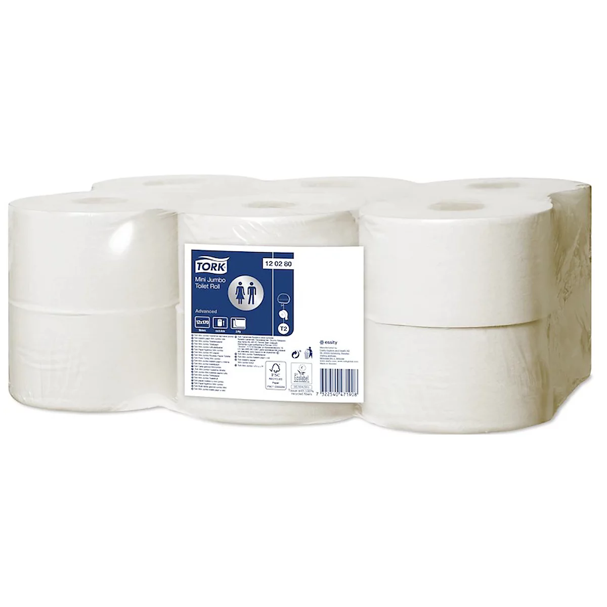Tork® Toilettenpapier Mini Jumbo Advanced 120280, 2-lagig, mit Prägung, 12 Rollen á 850 Blatt, weiß