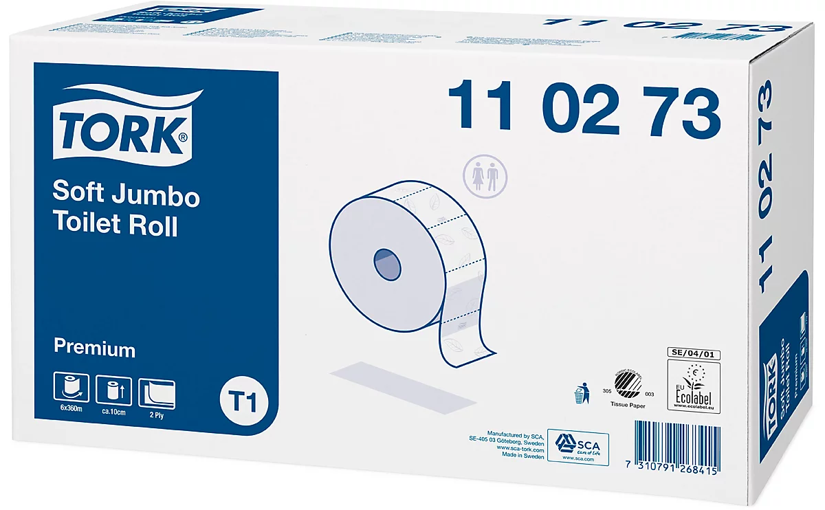 Tork® Toilettenpapier Premium 110273, 2-lagig, Jumbo Rolle, extra weich, 6 Rollen á 1800 Blatt, weiß