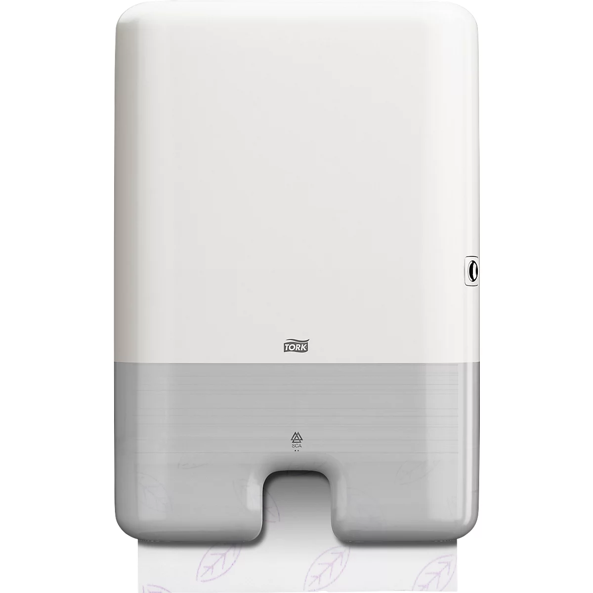 White-gray paper towel dispenser with Tork logo and paper towel outlet.