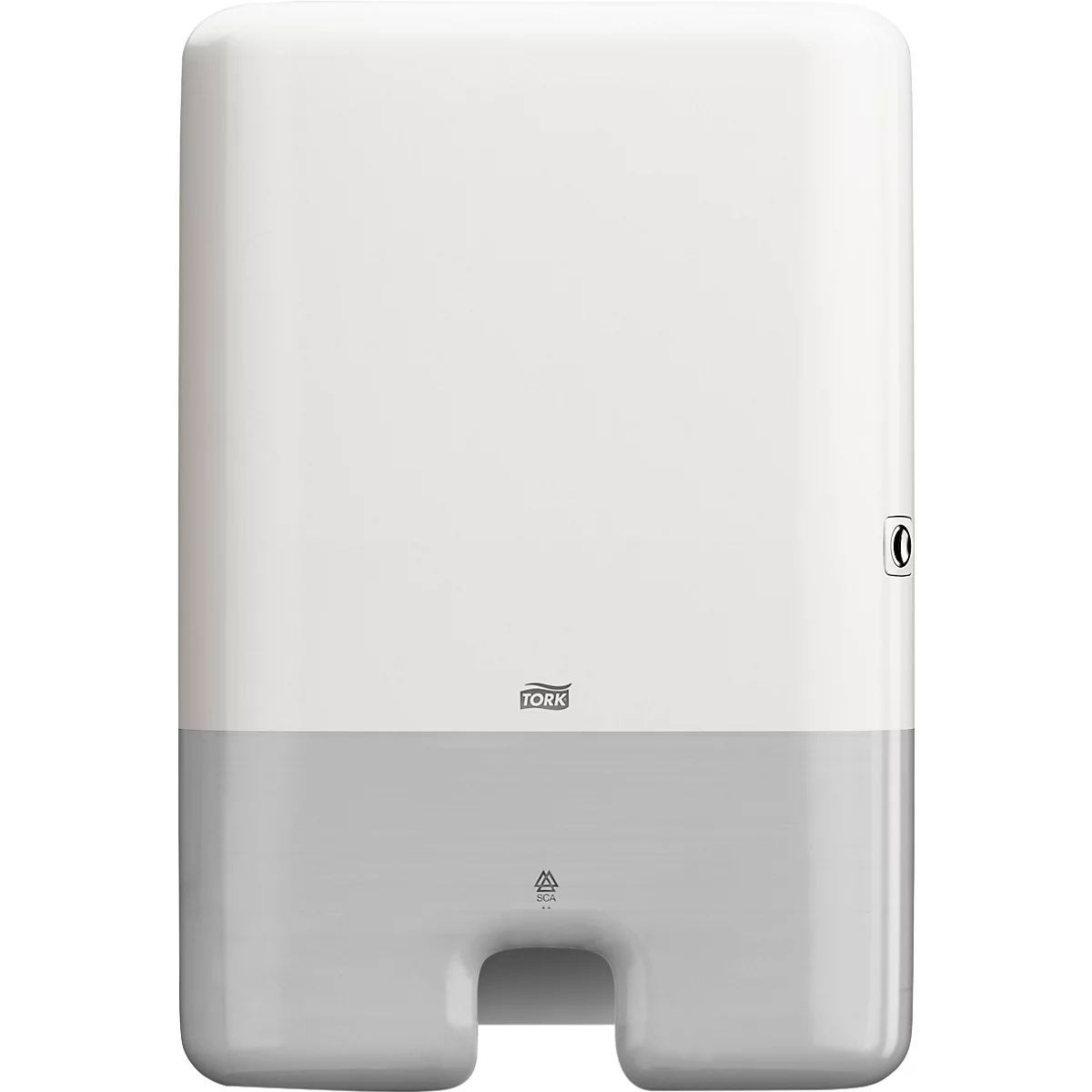 White and grey paper towel dispenser with Tork logo. An opening at the bottom.
