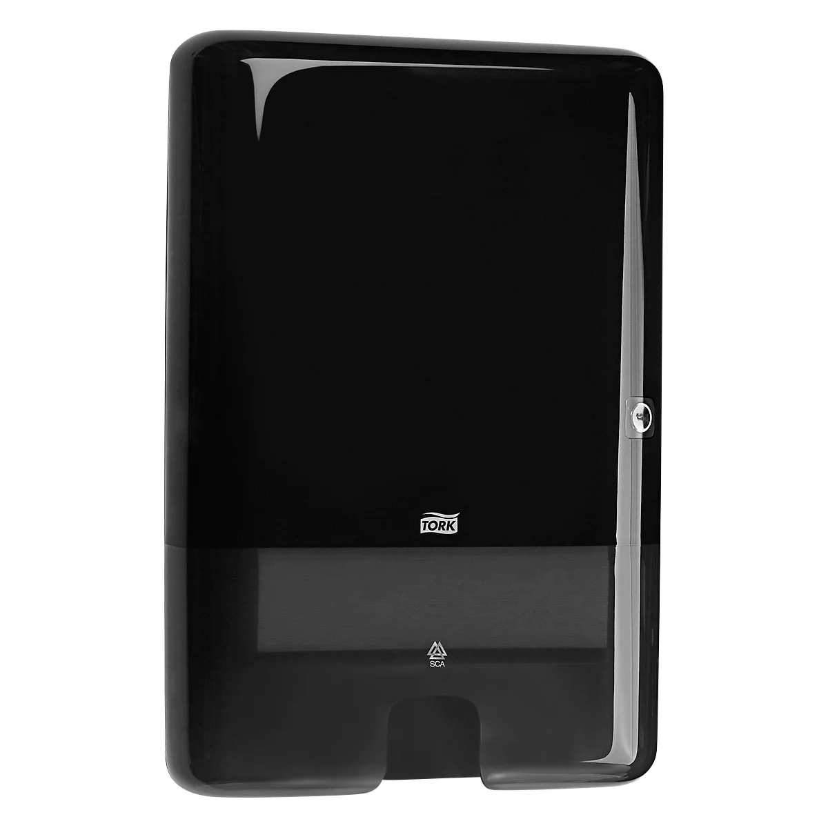 Black, glossy paper towel dispenser. Dispensing slot at the bottom, Tork logo at the top.