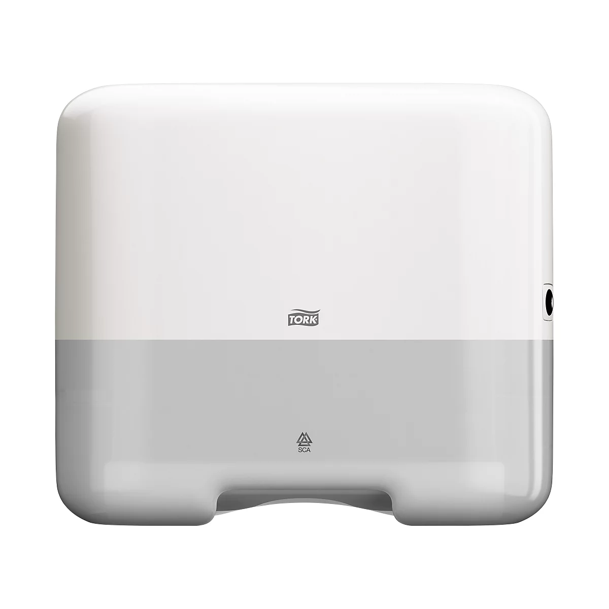 White and gray Tork paper towel dispenser. Rectangular, rounded corners, Tork logo.