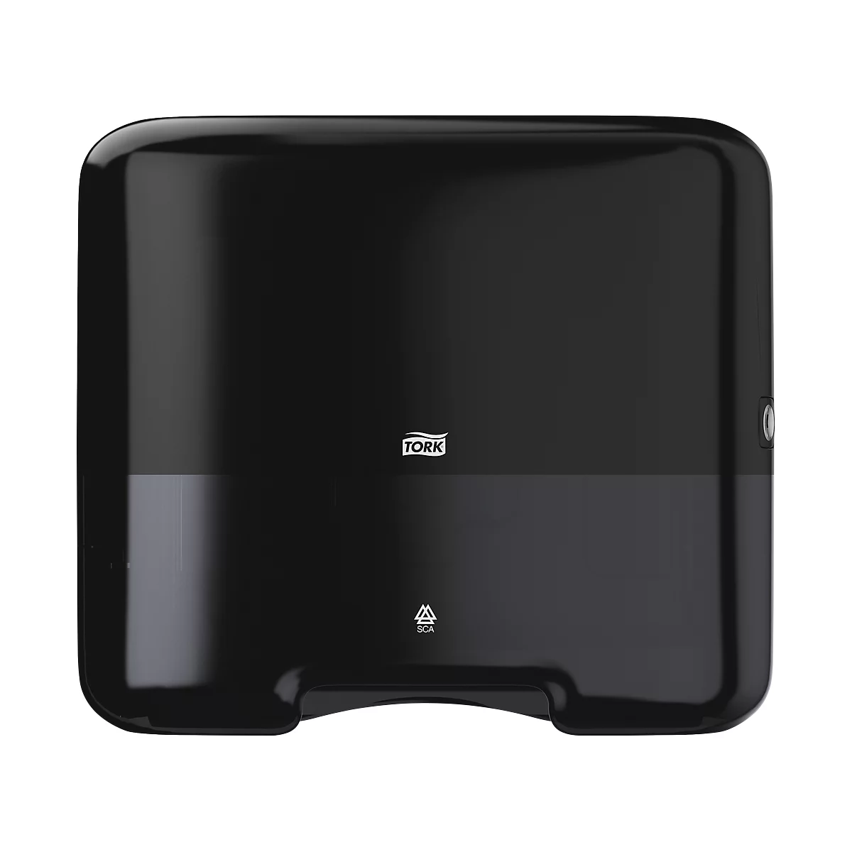 Black Tork paper towel dispenser with Tork logo. Recycling symbols below logo.