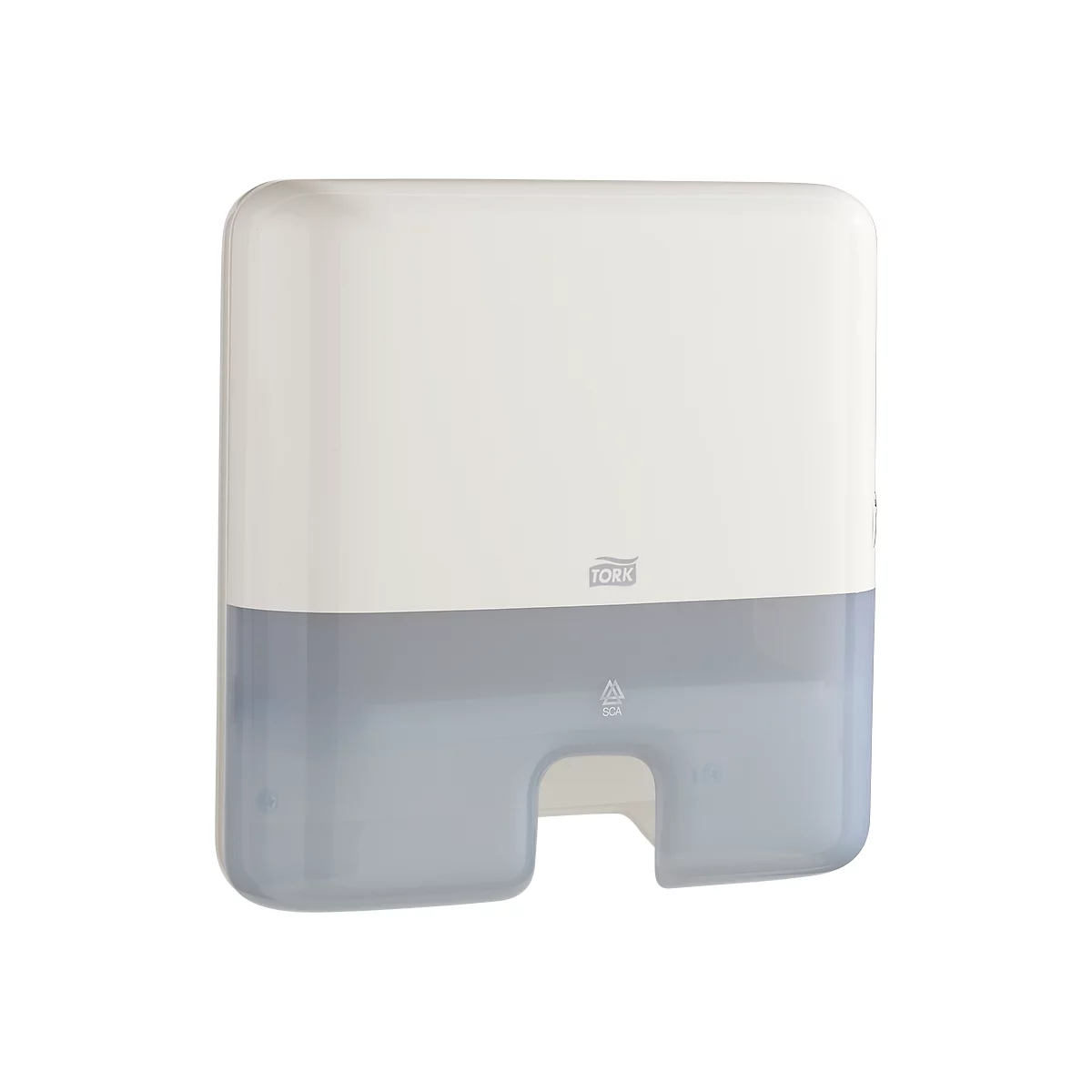 White and gray Tork paper towel dispenser. Rectangular with rounded edges. Transparent lower part.