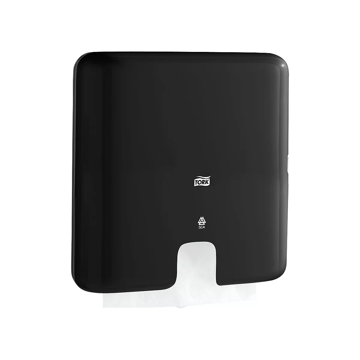 Black Tork towel dispenser with paper protruding. Logo and recycling symbol.