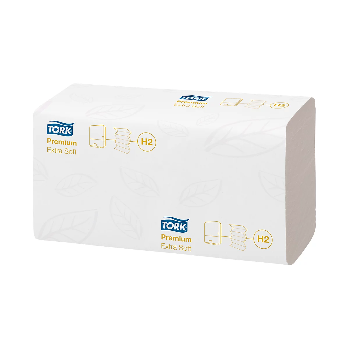 White Tork paper towel pack with logo and "Premium Extra Soft" text.