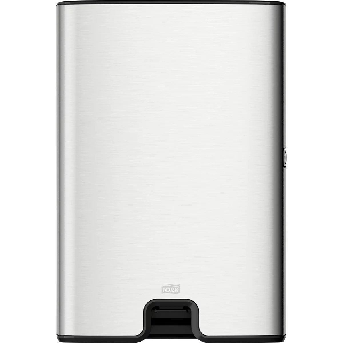 A silver paper towel dispenser with a black outlet and the Tork brand logo.