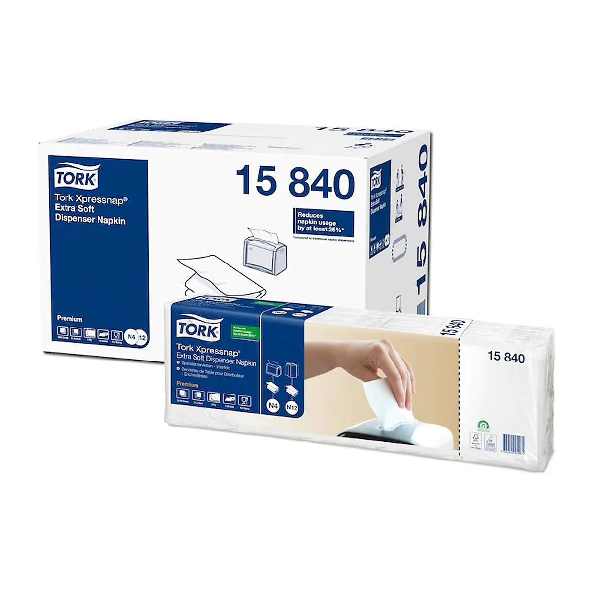 Tork® Xpressnap Serviettes 15840, extra-soft, pour distributeur de serviettes, pliage peu encombrant, 2 plis, 8 paquets de 500 (4000 serviettes), blanc